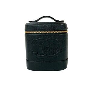 CHANEL Black Caviar Leather Logo Vanity Bag